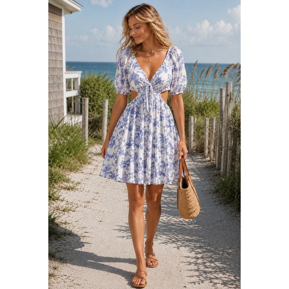 Bardot Dresses & Skirts - Bardot Eden Mini‎ Dress XL Lilac Blue Floral Side Cutouts Coquette BabyDoll Boho